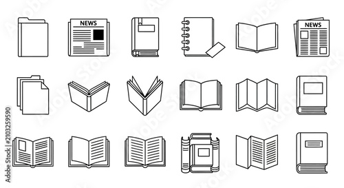 Obraz na płótnie A comprehensive collection of outline icons representing various books, folders,