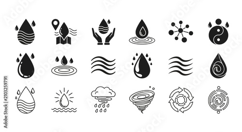 Foto Minimalist Water and Fluid Dynamics Icon Set Featuring Rainfall Drops Waves and