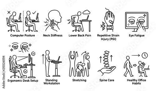 Office Ergonomics and Workplace Health Line Icons Vector Collection