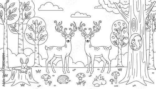 Cute woodland coloring page showing two majestic deers, a rabbit on a stump, a hedgehog, and a squirrel in a tree hollow.