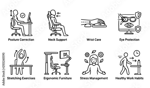 Workplace Wellness and Office Syndrome Editable Stroke Icons