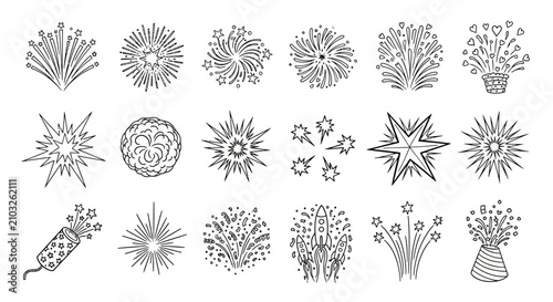 Photos Hand drawn firework icons set, black and white doodle firework burst illustratio