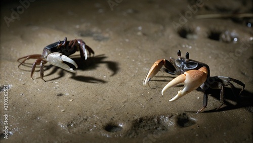 Konstfotografi Close up of Male fiddler crabs or Ghost crab (Ocypodidae) display the claw and fight to protect their small patch of beach from intruders on the muddy tidal flat, Northern Australia