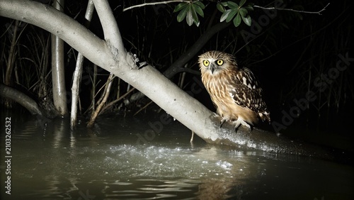 Принти на полотні The buffy fish owl (Ketupa ketupu) or Malay fish owl hunting fish at night in tropical forests and wetlands, Parit Java, Muar, Malaysia
