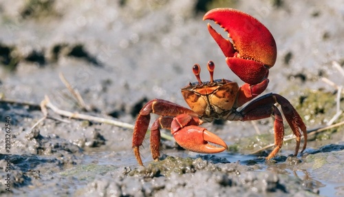 Cuadro en lienzo Close up of Male fiddler crabs waving with large claw in courtship display on the muddy tidal flat, Raja Ampat, Indonesia