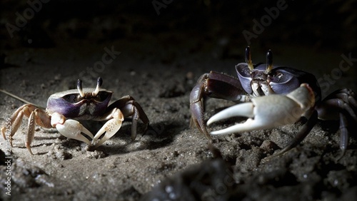 Fotografie Close up of Male fiddler crabs waving with large claw in courtship display on the muddy tidal flat, Raja Ampat, Indonesia