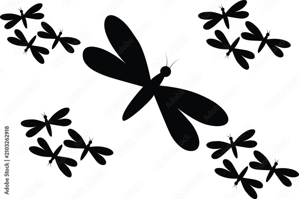 Obraz premium Black dragonfly silhouettes flying on white background