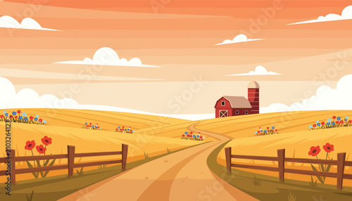 Peaceful rural sunset landscape with a winding dirt road leading towards a classic red barn and silo.