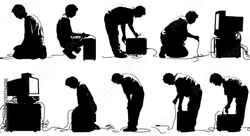 Konstfotografi Retro Computer User Silhouettes, Vintage Tech Interaction Set, 10 Icon Graphics,