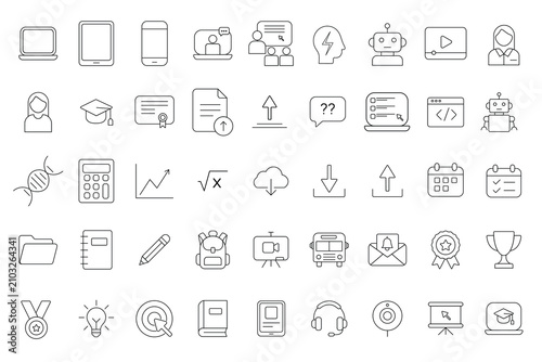 Online education and e-learning outline icon set. Digital learning, computer technology, and student study linear symbols. Vector illustration.