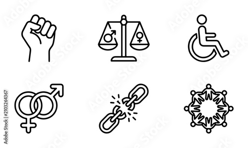 Social Justice Icons: Equality, Diversity, Inclusion, Human Rights, Empowerment, Freedom Symbols
