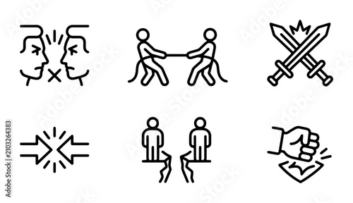 Fotografie Conflict Icons: Dispute, Tug of War, Swords, Confrontation, Division, Fist Fight