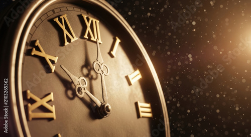 Vintage clock face with roman numerals showing late hours in dark atmosphere with golden particles floating in warm light for passing time.