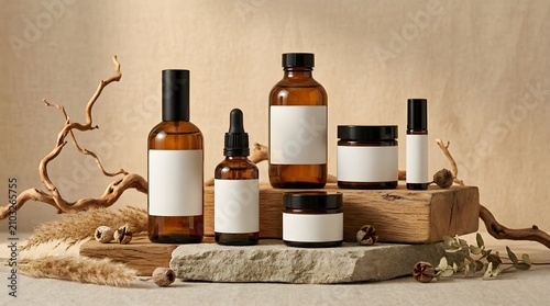 Set of amber glass cosmetic bottles and jars with blank labels on wooden podiums and stone with dried plants and branches, natural skincare product mockup