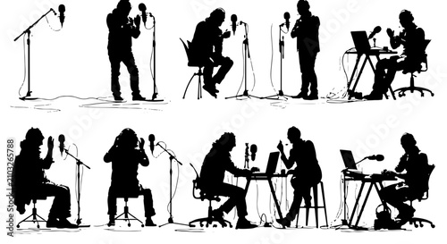 Photos Silhouette Icons: Podcasters, Speakers, Musicians, DJs with Microphones, Laptops