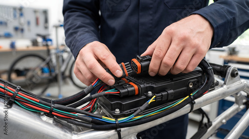 technician connecting electrical wiring to control unit