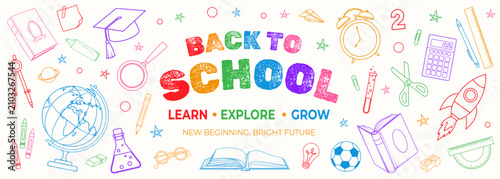 Colorful back to school vector banner with education icons, books and school supplies. Bright design for posters, classroom decor, websites, social media and educational promotions.