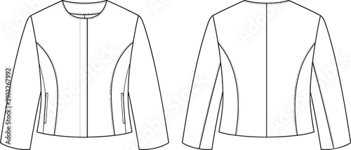 Women's Long Sleeve Tailored Jacket Technical Fashion CAD Flat Sketch Front and Back Vector Template