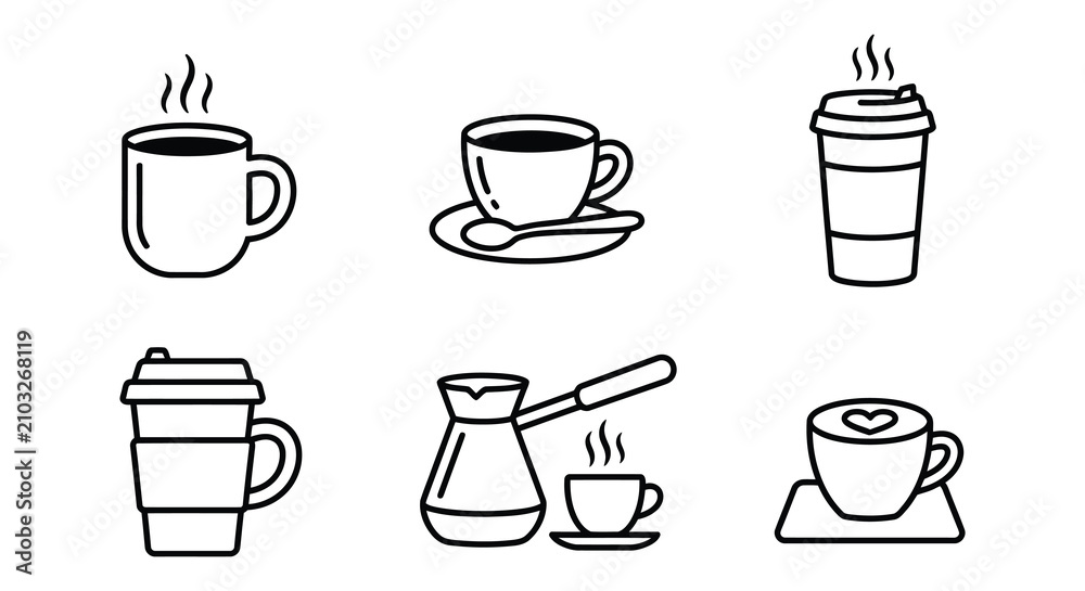 Obraz premium Coffee Cups And Mugs Collection Black Silhouette On White Background