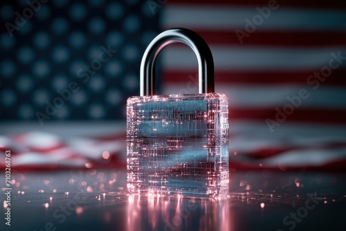 Transparent futuristic padlock with glowing circuitry displayed before the United States flag, symbolizing encrypted systems, cyber resilience, digital trust and national data protection.