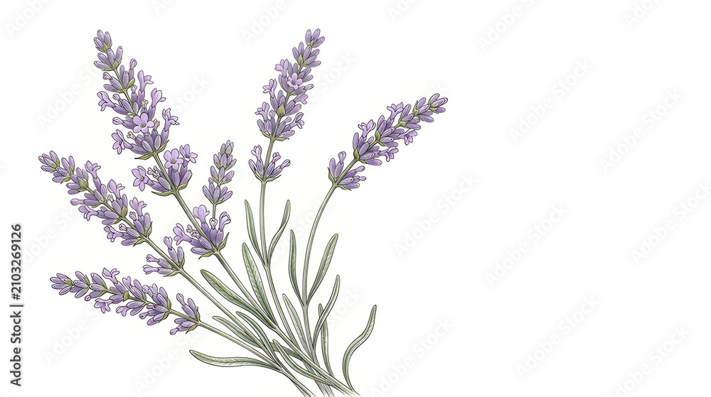Fototapeta premium Elegant lavender stems with soft purple blossoms, realistic botanical illustration, Scandinavian aesthetic, isolated on white background, clean composition, copy space, commercial stock illustration, 