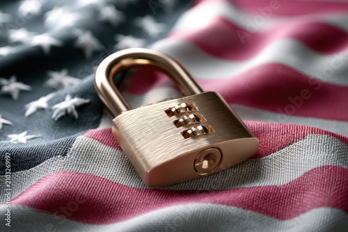 Combination padlock resting on the American flag, symbolizing national security, access control, confidential information, data protection and secure authentication in the United States.