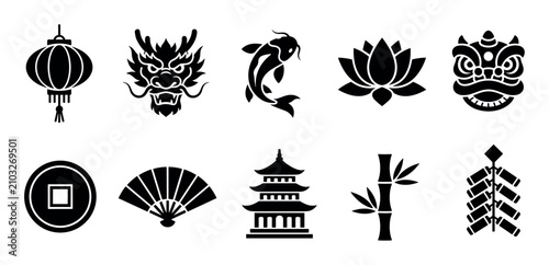 Chinese cultural symbols icons set provides various traditional elements including a lantern, dragon head, koi fish, lotus flower, lion dance mask, ancient coin, hand 