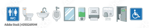 Restroom icons and public washroom elements including toilet, sink, urinal, mirror, soap dispenser, hand dryer, and accessibility signs.