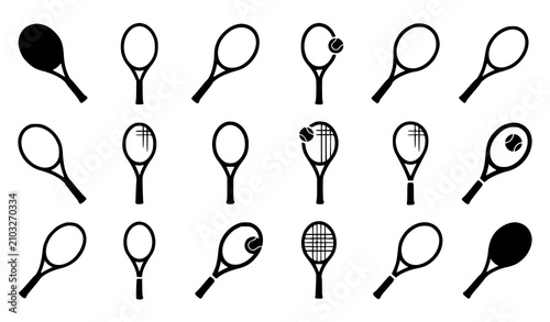 Bild auf Leinwand Generate a distinctive vector illustration containing 28 unique black tennis racquet silhouettes isolated on a solid white background