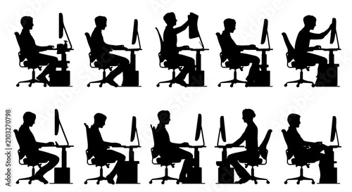 Foto Office Worker Silhouettes, Diverse Poses at Computer Workstation, Ergonomic Sitt