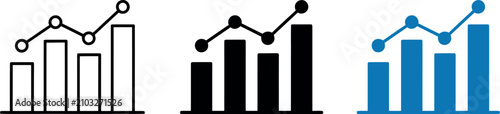 Data growth icons line graphs with rising bar charts in three color variations