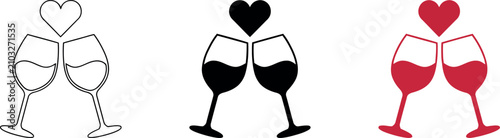 Wine glasses clinking with heart symbol vector illustration set