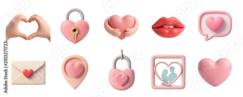 Set of cute 3D romantic love icons for Valentines Day isolated on transparent background, illustration