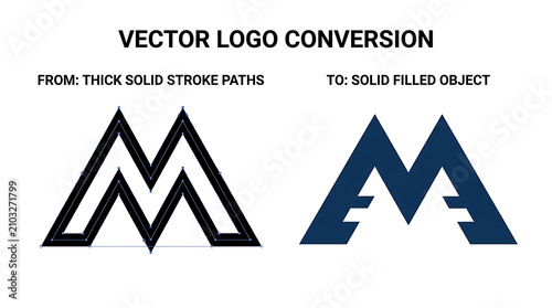 Professional Vector Graphic Design Process Demonstrating The Conversion Of Complex Geometric Stroke Paths Into Clean Solid Filled Objects