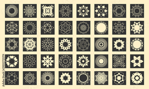Forty decorative compositions inscribed in a square. Designs for ceramic tiles, decorative pillowcases, bandanas and more. Vector set