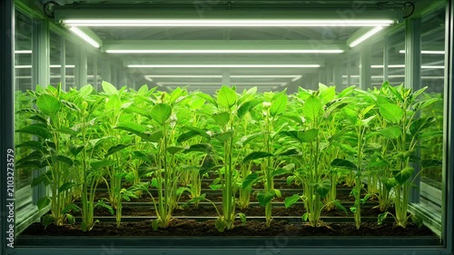 Rows of young green seedlings growing inside a controlled environment vertical greenhouse chamber with bright led lights