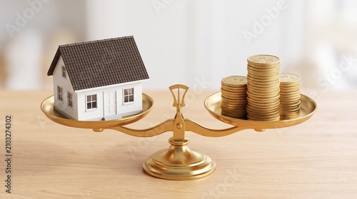 Obraz na płótnie Model house and coins on golden balance scale