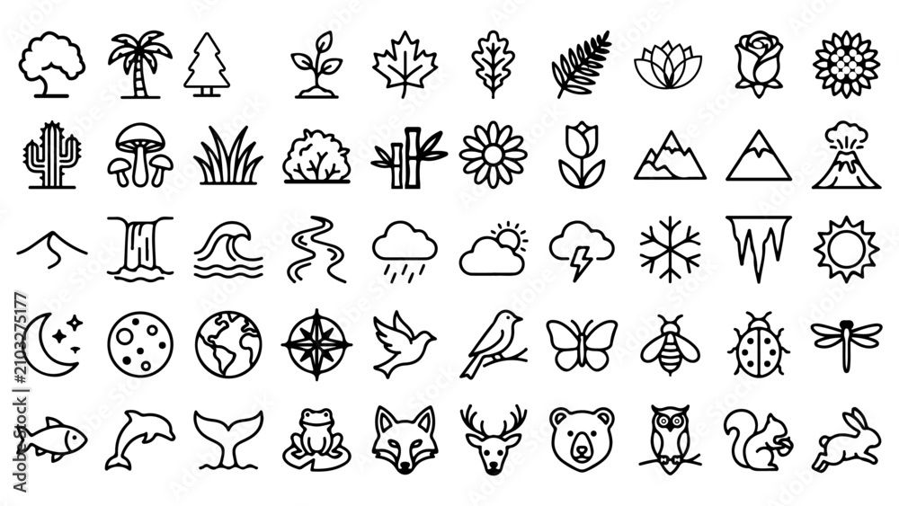 Obraz premium Nature flora and fauna hand drawn icon set representing earth and wildlife