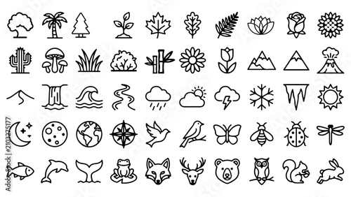 Nature flora and fauna hand drawn icon set representing earth and wildlife