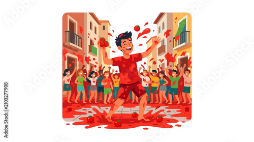 Joyful Man in Tomato Fight Festival Amidst Cheering Crowd on Street