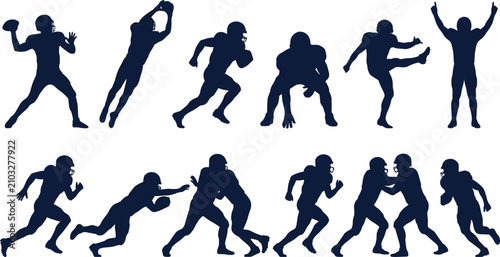 American football players silhouettes collection vector illustration featuring diverse athletes running throwing passing tackling and catching isolated on white background