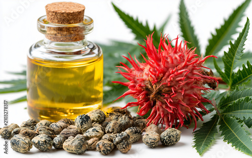Castor oil and spiny capsules of Castor Oil plant on white background. File contains clipping paths