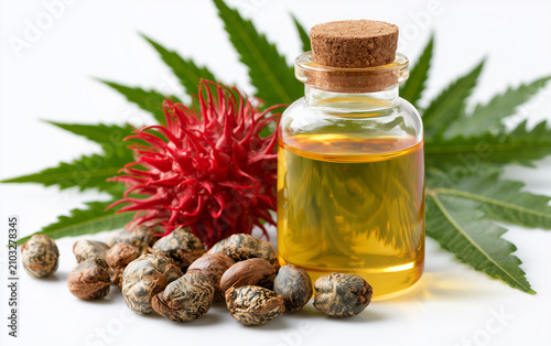 Castor oil and spiny capsules of Castor Oil plant on white background. File contains clipping paths