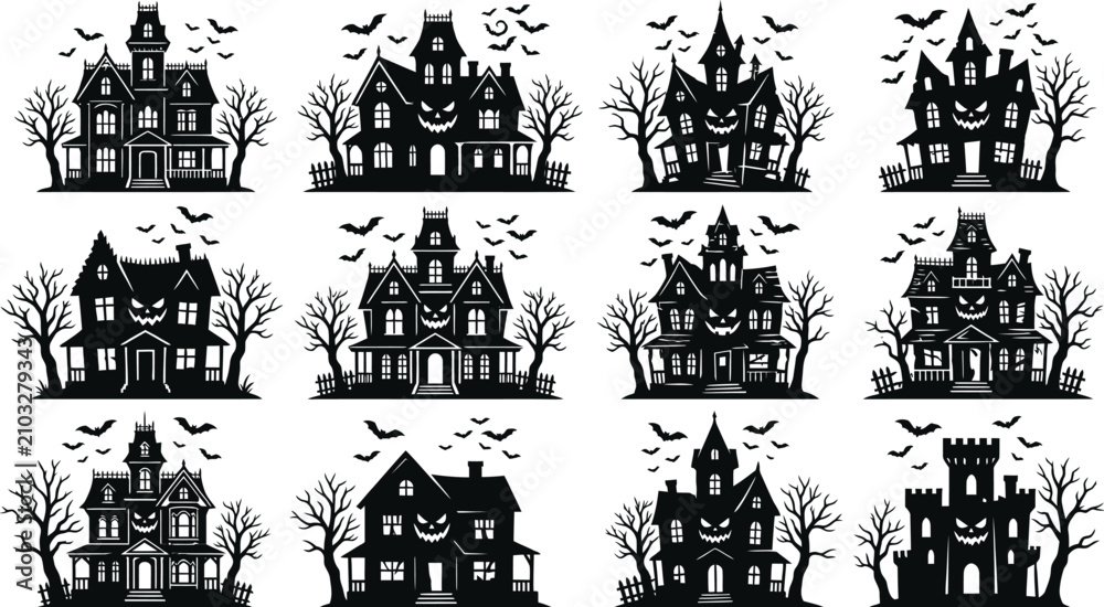 Fototapeta premium Happy halloween day spooky silhouette haunted houses vector collection for festive decorations