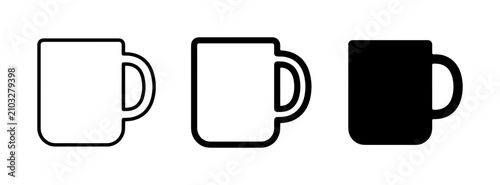 Minimalist coffee mug icon set, black outline tea cup symbols, 3 vector drinkware illustrations