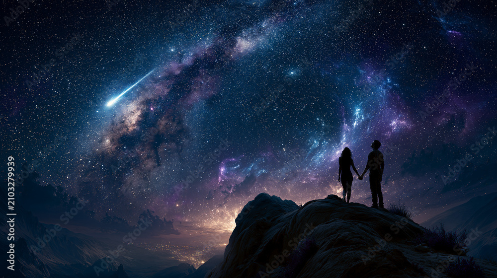 Fototapeta premium Silhouette of a Couple Watching a Brilliant Shooting Star from a Mountain Peak