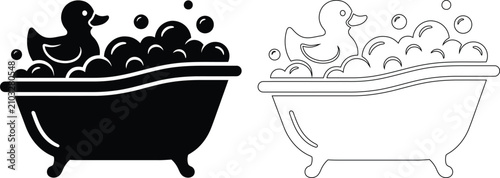 Bathtub with bubbles and rubber duck icon in solid and outline style bathroom illustration silhouette cleaning lifestyle