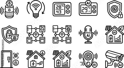 Billede på lærred AI Smart Home Automation and Intelligent Domotics Security Line Icons Set Minima