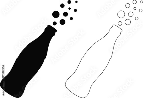 Soda bottle with bubbles icon silhouette and line art carbonated beverage silhouette refreshment refreshing container