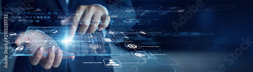 Canvas Print Cybersecurity specialist handholds virtual screen displaying futuristic data and touches Access Management system controls for advanced optimization